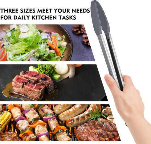 HOTEC Premium Stainless Steel Locking Kitchen Tongs with Silicon Tips, Set of 3-7", 9" and 12" (Grey)...