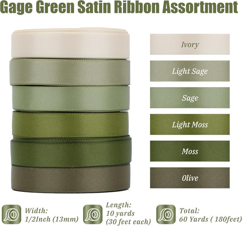 Sage Green Ribbon 1/2 Inch Moss Green Satin Ribbon 6 Rolls Sage Ribbon for Wedding Green Ribbon for Baby Shower Olive Green Ribbon for Gift Wrappi...