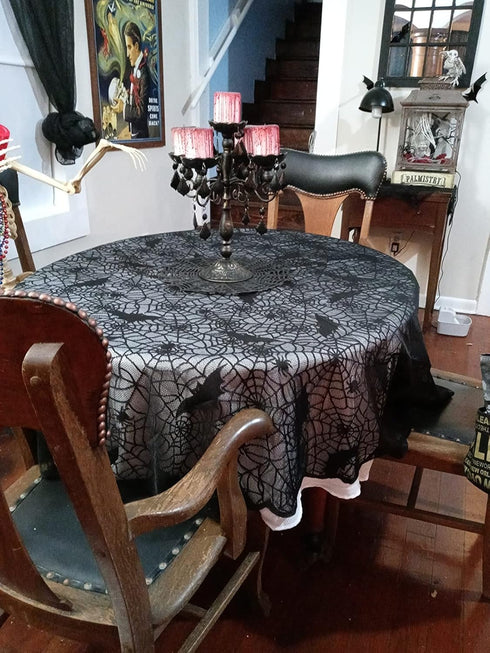 Black Lace Tablecloth Round Overlay with Spider Web and Mat for Halloween Party,Easter,Fireplace and Mantle Cover Decoration (Round 70", Black)...