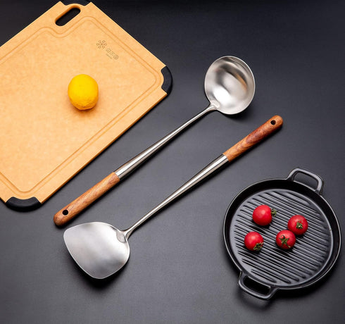 FJNATINH Wok Spatula and Ladle Tool Set, 17inches Spatula for Wok, 304 Stainless Steel Spatula Soup Ladle...