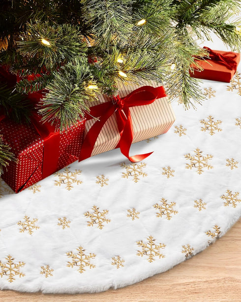 COOLWUFAN 48 Inches Christmas Tree Skirt for Xmas Tree Holiday Party Decoration White Plush Gold Sequin Snowflake (Gold)...