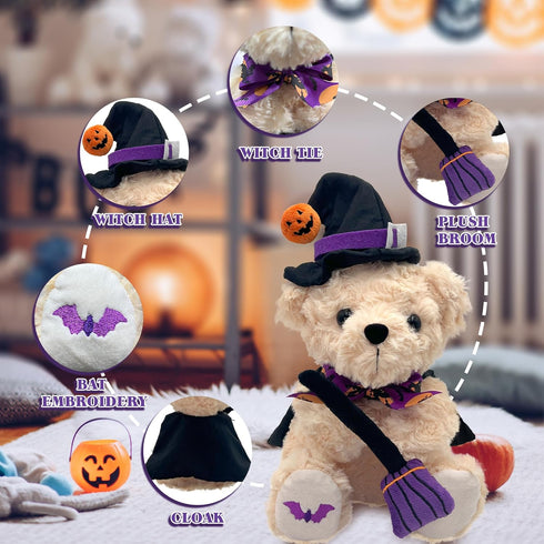 Halloween Plush Bear - Halloween Pumpkin Witch Stuffed Animal Teddy Bear with Broomstick & Hat, Halloween Party Decorations Gifts for Boys & Girls...