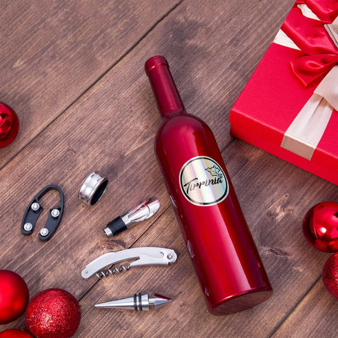 Tirrinia Wine Accessories Gift Set - Wine Bottle Corkscrew Opener Kit, Drip Ring, Foil Cutter and Wine Pourer and Stopper in Novelty Bottle-Shaped...
