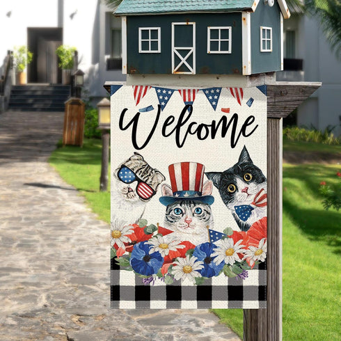 4th of July Patrioctic Cat Garden Flag 12x18 Inch Vertical Double Sided Welcome Floral Cat Memorial Day Independence Day Outside Yard Party Decora...