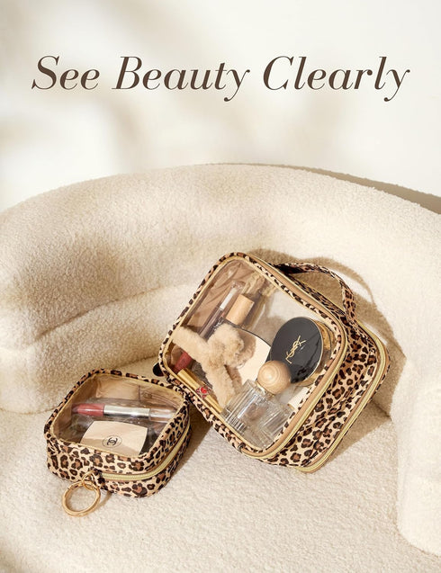 Clear Leopard Travel Makeup Bag Transparent Cosmetic Pouch Portable Toiletry Bags Two Compartments Cosmetic Bag with Handle Nylon and PVC Make up ...
