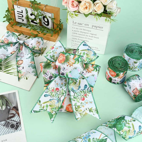 4Rolls 20 Yards Jungle Animal Themed Wired Edge Ribbon 2.5 Inch Forest Printed Burlap Ribbon Green Leaf Ribbon Cute Animal Print Ribbon for Birthd...