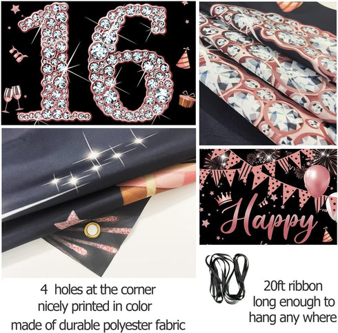Sweet 16 Birthday Door Banner Backdrop, Happy 16th Birthday Decorations for Girls, Sweet Sixteen Door Cover Rose Gold, 16 Door Poster Sign Birthda...