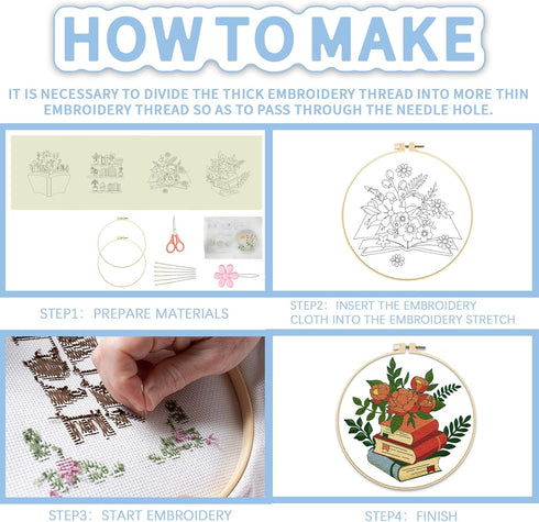 FREEBLOSS 4 Pack Embroidery Starter Kit, Books Embroidery Set for Beginners Flower Embroidery Kit Full Range of Cross Stitch Supplies includes Emb...