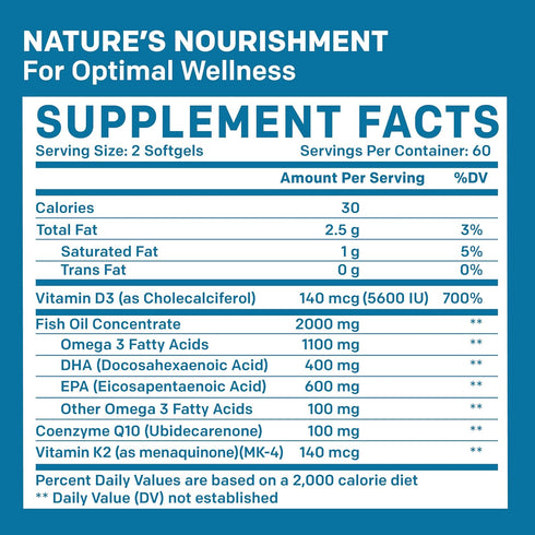 5-in-1 Fish Oil Omega 3 Supplements with Vitamins D3 & K2 and CoQ10 - DHA EPA Omega 3 Fish Oil Supplements - Lemon Flavored Omega 3 Fatty Acid Sup...