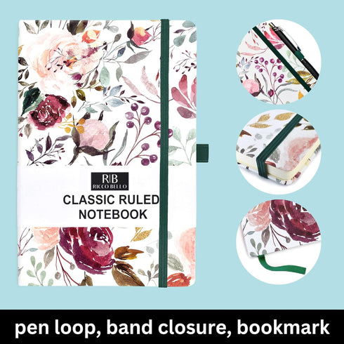 RICCO BELLO Classic College Ruled Notebook | Hardcover Lined Writing Journal for Work, Home, School | 192 Lined Pages, 5.7 x 8.4-Inches (Blossoms)...