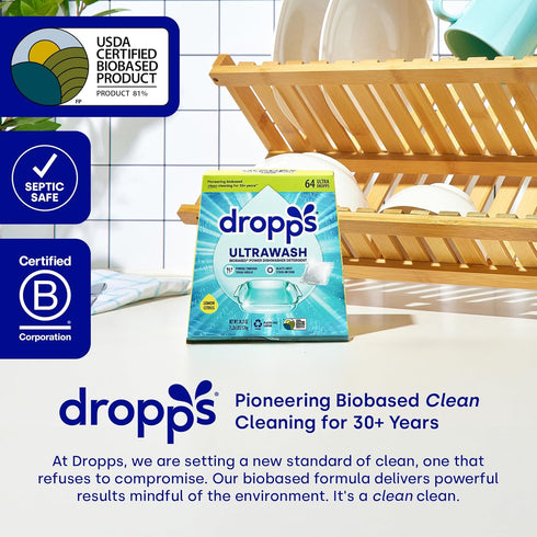 Dropps UltraWash Dishwasher Pods, Lemon Citrus (32 Count) - Biobased Power Deep Clean Dishwasher Detergent Tablets for Sparkling Shiny Dishes - No...