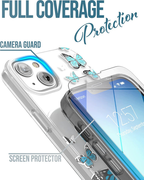 ENCASED Magnetic Case Designed for iPhone 14 with Screen Protector - Compatible with MagSafe Phone Accessories (Blue Butterfly)...