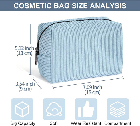 MAANGE Cosmetic Bags for Women Small Makeup Bag for Purse Corduroy Makeup Pouch Travel Makeup Bag with Metal Zipper Make Up Bag for Travelling(BLU...