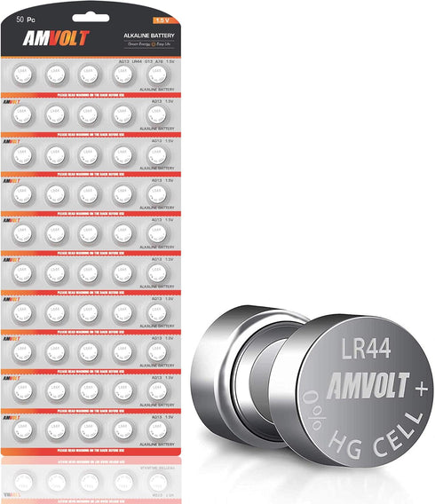 AmVolt- Pack of 50 LR44 Batteries AG13 SR44 357 303 Premium Alkaline Non Rechargeable Button Battery, 1.5 Volt Small Batteries for Watches Clocks ...