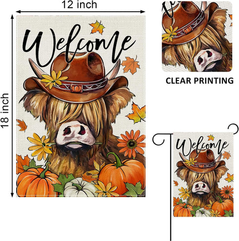 Welcome Fall Highland Cow Decorative Garden Flag, Autumn Farm Animal Pumpkin Maple Leaves Yard Outside Decorations, Thanksgiving Farmhouse Rustic ...