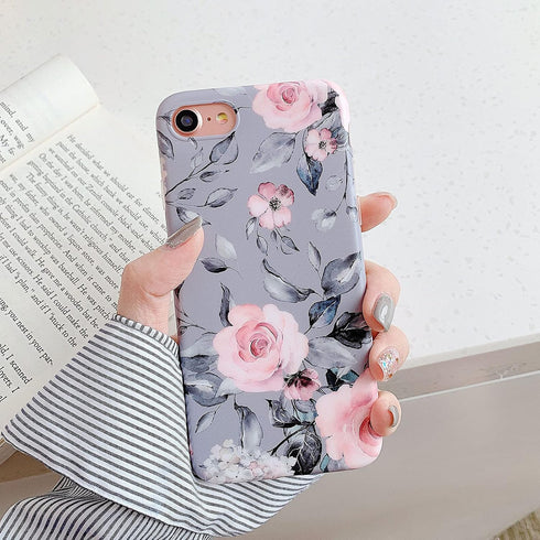 YeLoveHaw for iPhone SE 2020 Case, iPhone 8 Case, iPhone 7 Case for Girls, Flexible Soft Slim Fit, Floral and Purple Gray Leaves Pattern Cute Phon...