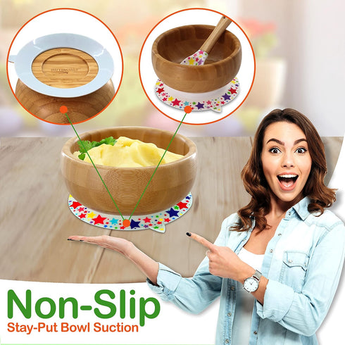 NutriChef Bamboo Baby Feeding Bowl - Wooden Infant Toddler Dish and Spoon Set w/Silicone Suction Base for Stay Put Eating, For Children Aged 4-72 ...