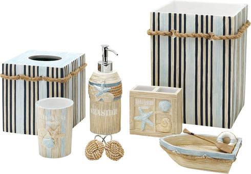Zenna Home Seaside Serenity Bathroom Tumbler with Carved Resin Design, Cotton Swab Holder or Jewelry Holder for Bathroom Decor with Hand-Painted S...