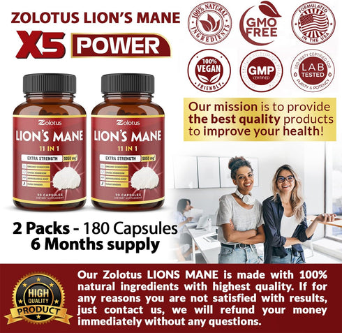 5X Potency 2 Packs 90 Capsules Lions Mane Mushroom Supplement, 5050mg, 6 Month Supply with Cordeyceps, Reishi, Ashwagandha, Focus, Memory and Brai...
