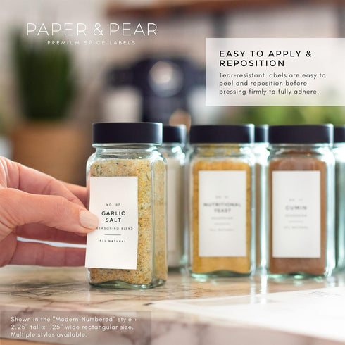 Modern White Spice Labels (no jars) by Paper & Pear - Oil Resistant Kitchen Pantry Labels - 2.25" by 1.25” Spice Labels Stickers - Durable Spice J...