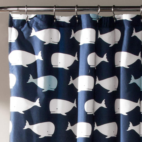 Lush Decor Whale Shower Curtain - Fabric Ocean Fish Animal Print Design for Kids, 72" x 72", Navy...