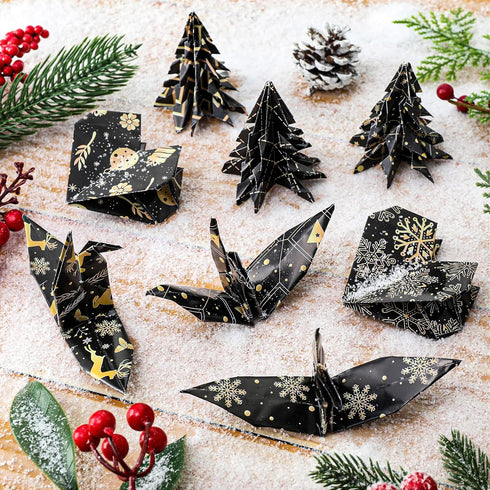 Whaline 60 Sheet Christmas Pattern Paper A5 Size 12 Designs Snowflake Reindeer Christmas Tree Glossy Pattern Paper Black Gold Decorative Craft Pap...