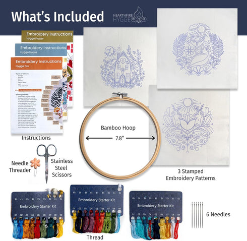 Hearthfire Hygge 3-Pack Beginner Embroidery Kit for Adults | Scandinavian Folk Art Hand Embroidery Kit for Beginners Adults | Fox, House, Flower E...