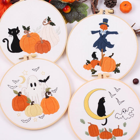 REEWISLY Halloween 4pcs Embroidery Kits with Patterns and Instructions, DIY Adult Beginner Embroidery Kits, Including 4 Plastic Embroidery Rings, ...