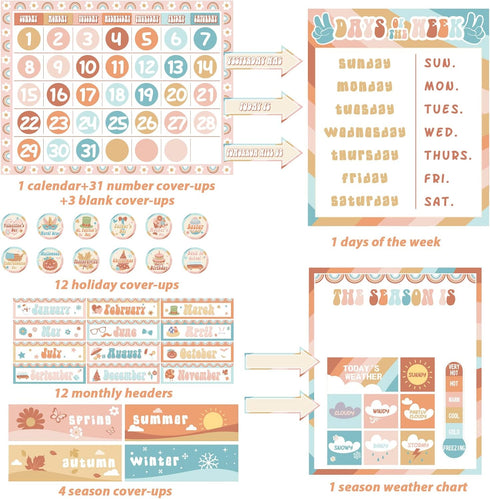 Groovy Calendar Bulletin Board Set Decorations Retro Hippie Calendar Seasons Weather Chart CTP Bulletin Board Paper-Cuts Boho Hippie Wall Decals f...