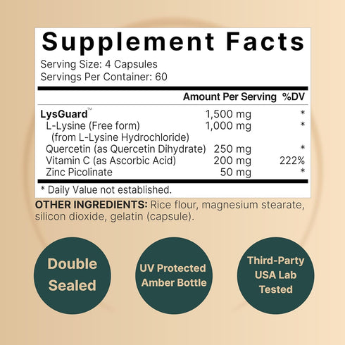 NatureBell L-Lysine 1,000mg Capsules + Quercetin 250mg with Vitamin C and Zinc, 240 Count | Free Form Amino Acids, L Lysine Complex | Immune Suppo...