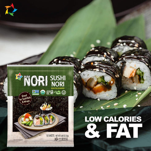 KIMNORI Sushi Nori Seaweed Sheets – 10 Full Size USDA Organic Yaki Roasted Rolls Wraps Snack 100% Natural Laver Gluten Free No MSG Non GMO Vegan K...