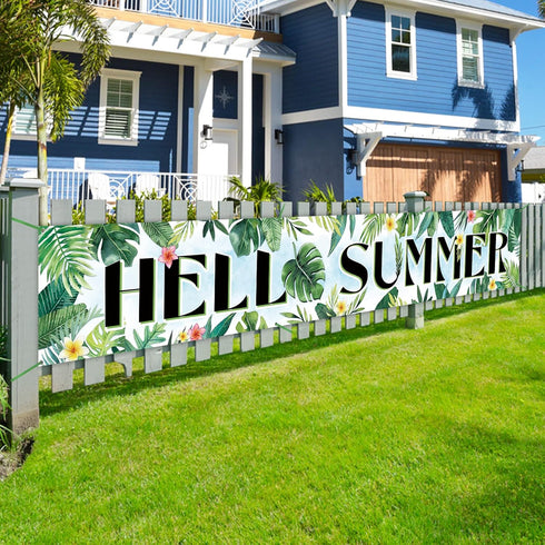Hello Summer Tropical Large Outdoor Banner 120 x 20 Inch, Hawaii Monstera Palm Leaves Decorative Fence Yard Garden Sign Frangipani Backdrop Home I...