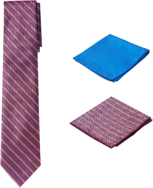 Men's Woven Stripe Regular Length Neck Tie with 2 Handkerchief Pocket Squares Hanky Set - Pink Black Blue...
