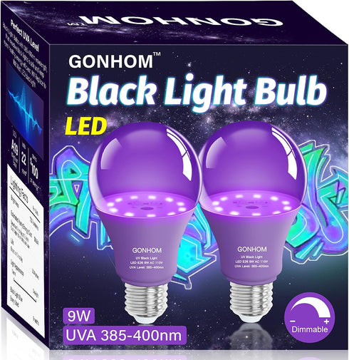 2 Pack A19 LED Black Light Bulbs,Dimmable 9W Blacklight Bulb(100W Equivalent), E26 Base 110V, UVA Level 385-400nm, Glow in The Dark for Black Ligh...