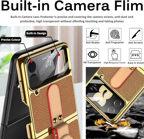 Miimall for Samsung Galaxy Z Flip 4 Case with Strap Ring Holder, Luxury Leather with Electroplating Frame Cover Built-in Camera Lens Film Lanyard ...