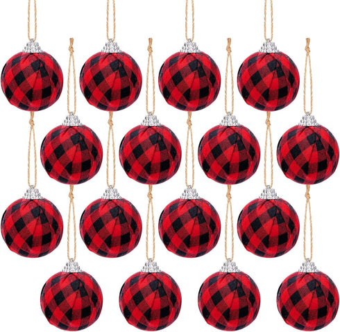 Deloky 16Pcs Buffalo Plaid Fabric Ball- 2.16 Inch Small Christmas Fabric Wrapped Balls Hanging Ornament for Christmas Tree Party Decoration Suppli...
