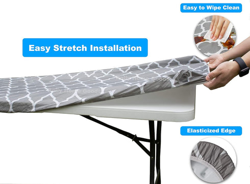 Rally Home Goods Outdoor Fitted Vinyl Rectangular Tablecloth with Flannel Backing for 6 FT Table (30 x 72''), Waterproof Wipeable Cover, Gray Trel...