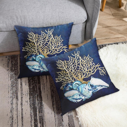 Emvency Throw Pillow Cover Blue Seashore Indigo Ocean Coral Seashells Beach House Gray Coastal Decorative Pillow Case Home Decor Square 20 x 20 In...