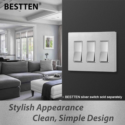 BESTTEN 5 Pack 3-Gang Signature Collection Silver Screwless Wall Plate, Decorator Outlet Cover, USWP8 Series, H4.69” x W6.54”, for Light Switch, D...