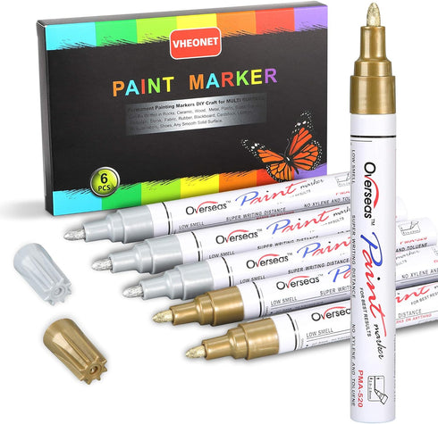 Paint Pen 3 Gold & 3 Silver Metallic Permanent Acrylic Markers Set for Fabric Glass Plastic Rock Wood Ceramic Leather Tire Painting, Medium Tip Fa...
