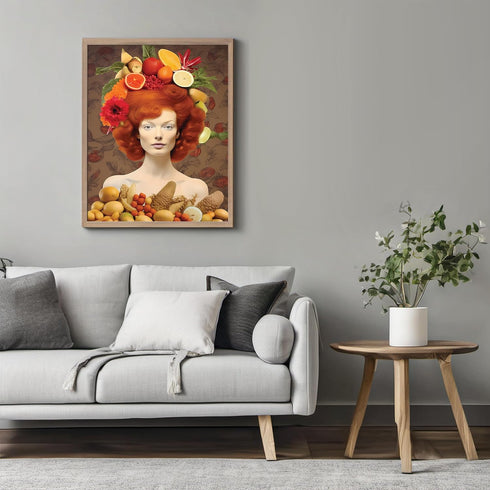 Posterizer 1 pcs-redhead woman with all the fruits collage-Floral & Botanical Art-Abstract & Modern Art-Gift for Art Lovers-Chic Home and Kitchen ...