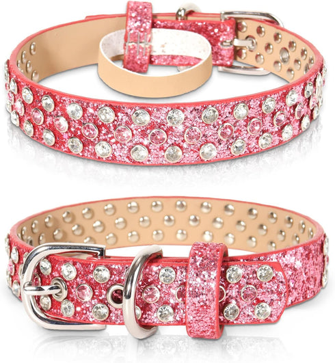 Rhinestone Leather Dog Collar Bling Dog Collars for Small Medium Large Dogs - Soft Microfiber Leather with Adjustable Stylish Sparkly Diamonds Stu...