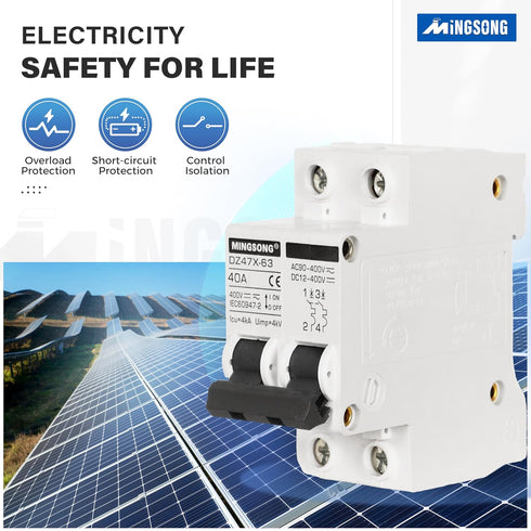 AC Solar Panels Disconnect Switch 40 Amp DC Solar Shut Off Switch 12V-400V 2 Poles Small Miniature Circuit Breaker for Solar PV Homes, DC 110V DIN...