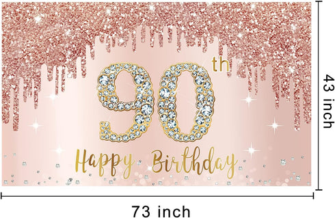 Happy 90th Birthday Banner Backdrop Decorations for Women, Rose Gold 90 Birthday Party Sign Supplies, Pink 90 Year Old Birthday Poster Background ...