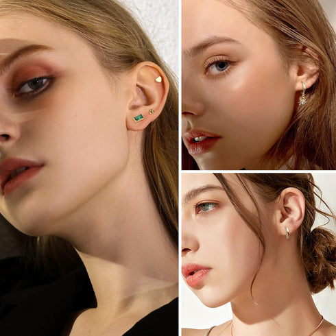 HAIAISO 10 Pairs 14K Gold Plated Huggies Hoop Studs Earrings for Women Small Dangle Hoop Earrings Gold Green Earrings Set for Multiple Piercing...