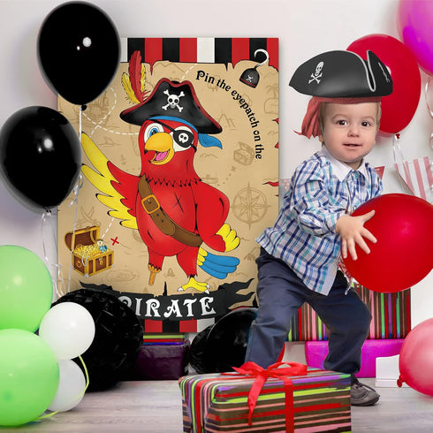 WERNNSAI Pin The Eye Patch on The Pirate - Pirate Party Games for Kids Boys 28'' x 21'' Parrot Game Poster with 24 PCS Reusable Stickers Blindfold...
