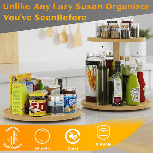 Lazy Susan Organizer Homerays 9 Inch Non-Skid Bamboo Lazy Susan for Kitchen Rotating Spice Rack for Kitchen Cabinet, Wood Turntable for Kitchen Co...