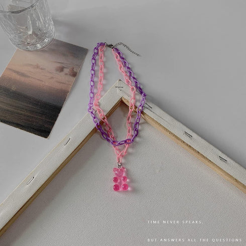 Lovely Gummy Bear Pendant Necklace Pink Acrylic Chunky Chain Cute Candy Color Bear Necklace for Women Jewelry Gift...