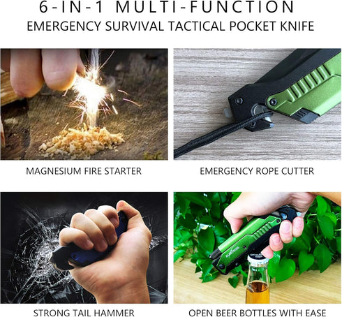 ALBATROSS 6 in 1 Survival Camping Tactical Folding Pocket Knife with Flashlight,Bottle Opener,Rope Cutter,Fire Starter,Glass Breaker,Multi-Functio...