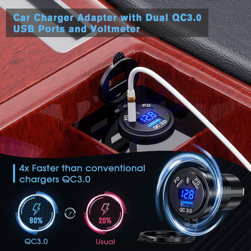 12V Type C USB Outlet 45W PD and 18W QC3.0 Quick Car Charger Socket with Voltmeter Switch Fast Charger Socket Power Waterproof 12V / 24V Marine Bo...